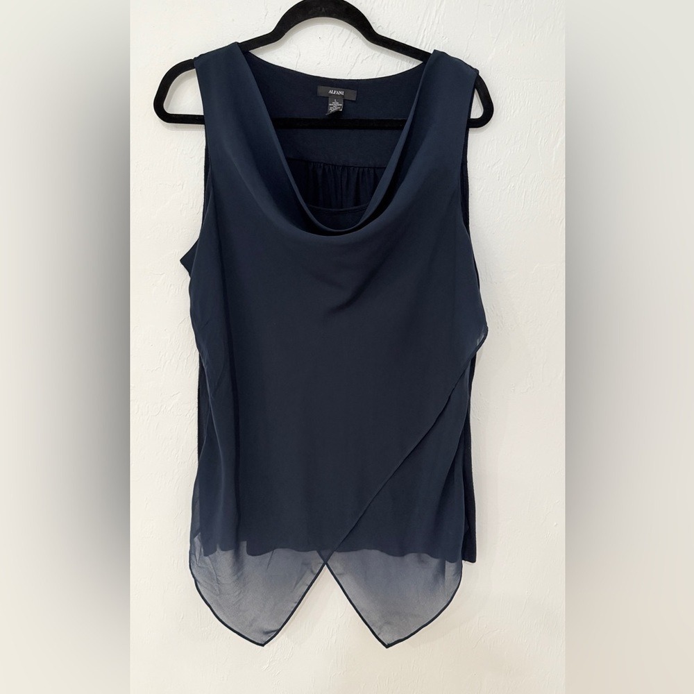 Alfani Women Navy Blue Cowl Neck Layered Asymmetrical Sleeveless Blouse Large